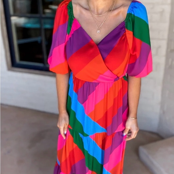 NWT stunning Jess Lea maxi dress colorful abstract ruffles puff sleeve vacation - Picture 4 of 4